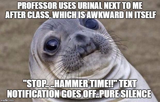 Awkward Moment Sealion | PROFESSOR USES URINAL NEXT TO ME AFTER CLASS, WHICH IS AWKWARD IN ITSELF; "STOP.. ..HAMMER TIME!!" TEXT NOTIFICATION GOES OFF..PURE SILENCE | image tagged in memes,awkward moment sealion,AdviceAnimals | made w/ Imgflip meme maker