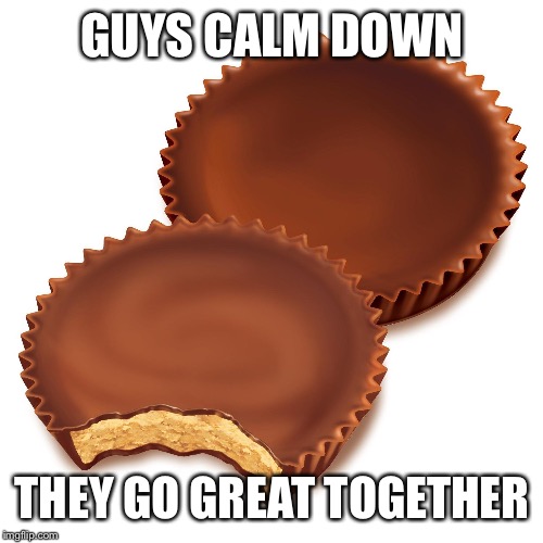 Peanut butter cups  | GUYS CALM DOWN THEY GO GREAT TOGETHER | image tagged in peanut butter cups | made w/ Imgflip meme maker