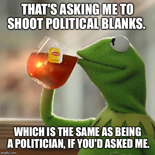 But That's None Of My Business Meme | THAT'S ASKING ME TO SHOOT POLITICAL BLANKS. WHICH IS THE SAME AS BEING A POLITICIAN, IF YOU'D ASKED ME. | image tagged in memes,but thats none of my business,kermit the frog | made w/ Imgflip meme maker