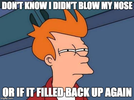 Futurama Fry Meme | DON'T KNOW I DIDN'T BLOW MY NOSE; OR IF IT FILLED BACK UP AGAIN | image tagged in memes,futurama fry | made w/ Imgflip meme maker