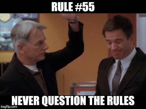 Gibbs slaps dinozo | RULE #55; NEVER QUESTION THE RULES | image tagged in gibbs slaps dinozo | made w/ Imgflip meme maker