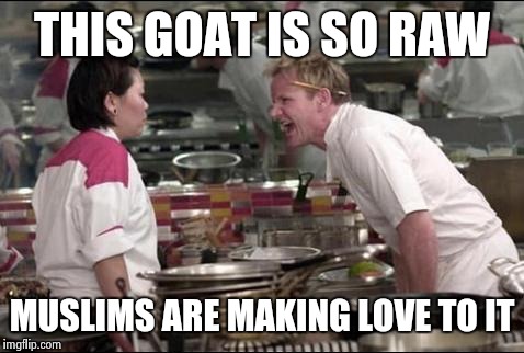 Angry Chef Gordon Ramsay | THIS GOAT IS SO RAW; MUSLIMS ARE MAKING LOVE TO IT | image tagged in memes,angry chef gordon ramsay | made w/ Imgflip meme maker