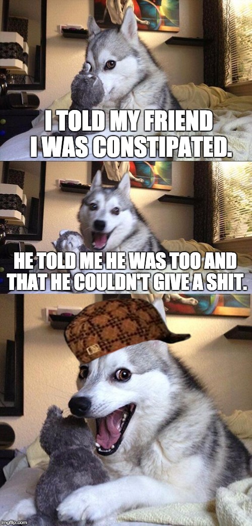 Constipated Bad Pun Dog | I TOLD MY FRIEND I WAS CONSTIPATED. HE TOLD ME HE WAS TOO AND THAT HE COULDN'T GIVE A SHIT. | image tagged in memes,bad pun dog,scumbag | made w/ Imgflip meme maker