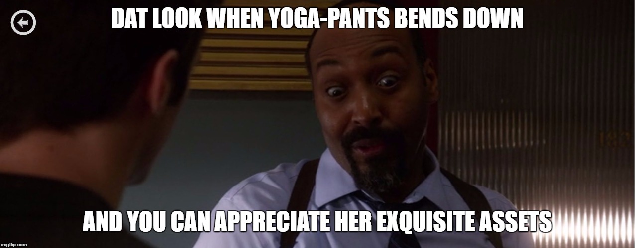 Dat Look | DAT LOOK WHEN YOGA-PANTS BENDS DOWN; AND YOU CAN APPRECIATE HER EXQUISITE ASSETS | image tagged in dat look | made w/ Imgflip meme maker