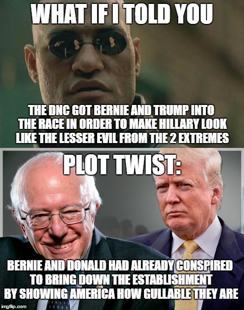 Plot Twist 2016 | WHAT IF I TOLD YOU; THE DNC GOT BERNIE AND TRUMP INTO THE RACE IN ORDER TO MAKE HILLARY LOOK LIKE THE LESSER EVIL FROM THE 2 EXTREMES; PLOT TWIST:; BERNIE AND DONALD HAD ALREADY CONSPIRED TO BRING DOWN THE ESTABLISHMENT BY SHOWING AMERICA HOW GULLABLE THEY ARE | image tagged in bernie sanders,donald trump,hillary clinton,conspiracy,setup | made w/ Imgflip meme maker