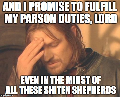 Frustrated Boromir | AND I PROMISE TO FULFILL MY PARSON DUTIES, LORD; EVEN IN THE MIDST OF ALL THESE SHITEN SHEPHERDS | image tagged in memes,frustrated boromir | made w/ Imgflip meme maker