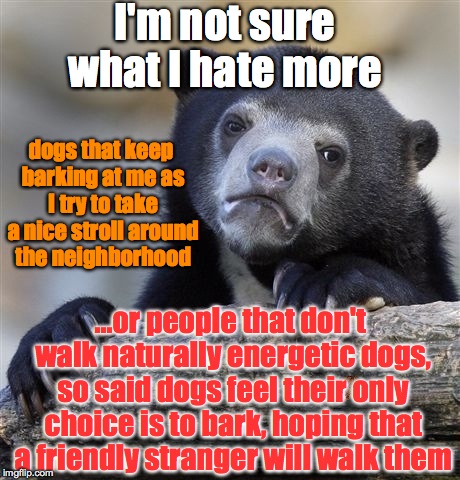 Confession Bear | I'm not sure what I hate more; dogs that keep barking at me as I try to take a nice stroll around the neighborhood; ...or people that don't walk naturally energetic dogs, so said dogs feel their only choice is to bark, hoping that a friendly stranger will walk them | image tagged in memes,confession bear,scumbag | made w/ Imgflip meme maker