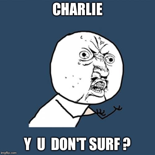 Just Call Me Naplam In The Morning | CHARLIE; Y  U  DON'T SURF ? | image tagged in memes,y u no | made w/ Imgflip meme maker