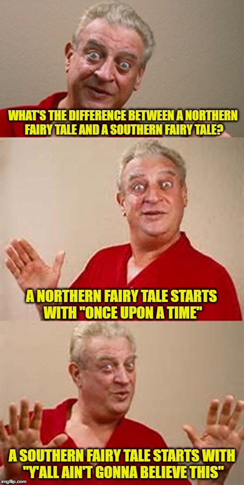 Bad Pun Dangerfield  | WHAT'S THE DIFFERENCE BETWEEN A NORTHERN FAIRY TALE AND A SOUTHERN FAIRY TALE? A NORTHERN FAIRY TALE STARTS WITH "ONCE UPON A TIME"; A SOUTHERN FAIRY TALE STARTS WITH "Y'ALL AIN'T GONNA BELIEVE THIS" | image tagged in bad pun dangerfield | made w/ Imgflip meme maker