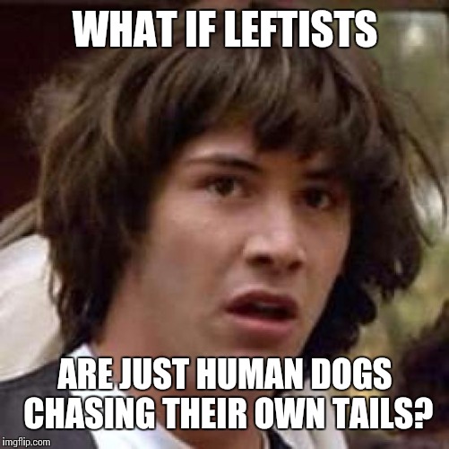 Conspiracy Keanu Meme | WHAT IF LEFTISTS ARE JUST HUMAN DOGS CHASING THEIR OWN TAILS? | image tagged in memes,conspiracy keanu | made w/ Imgflip meme maker