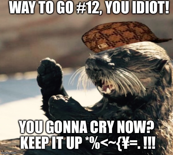 OPPOSING TEAM PARENT HELPING  NINE YEAR OLD SON WIN  | WAY TO GO #12, YOU IDIOT! YOU GONNA CRY NOW? KEEP IT UP *%<~{¥=. !!! | image tagged in oregon sea otter,scumbag,success kid | made w/ Imgflip meme maker