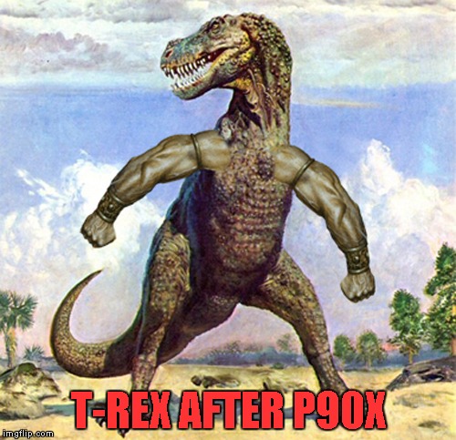 I bought P90X but I'm not sure having a heart attack is considered healthy. | T-REX AFTER P90X | image tagged in t-rex muscles,memes,t-rex,funny,p90x,funny dinosaurs | made w/ Imgflip meme maker