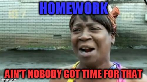 Ain't Nobody Got Time For That | HOMEWORK; AIN'T NOBODY GOT TIME FOR THAT | image tagged in memes,aint nobody got time for that | made w/ Imgflip meme maker