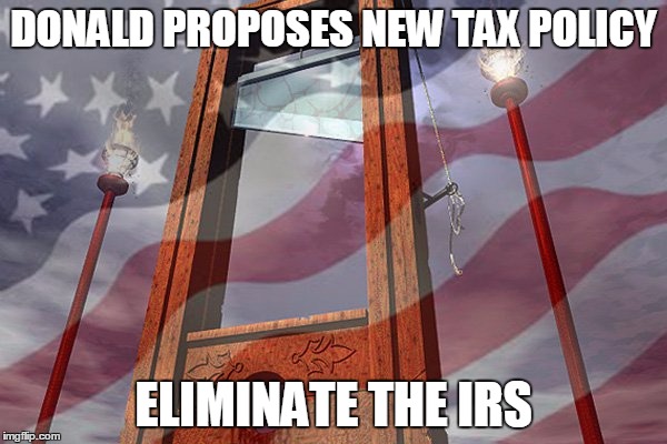 DONALD PROPOSES NEW TAX POLICY; ELIMINATE THE IRS | image tagged in donald taxed to death | made w/ Imgflip meme maker