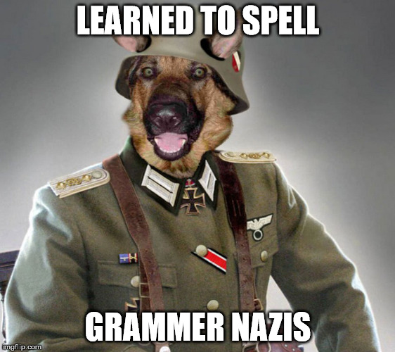 Nazi dog | LEARNED TO SPELL GRAMMER NAZIS | image tagged in nazi dog | made w/ Imgflip meme maker
