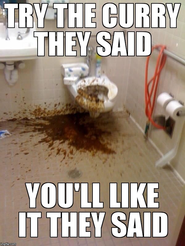 Girls poop too | TRY THE CURRY THEY SAID; YOU'LL LIKE IT THEY SAID | image tagged in girls poop too | made w/ Imgflip meme maker