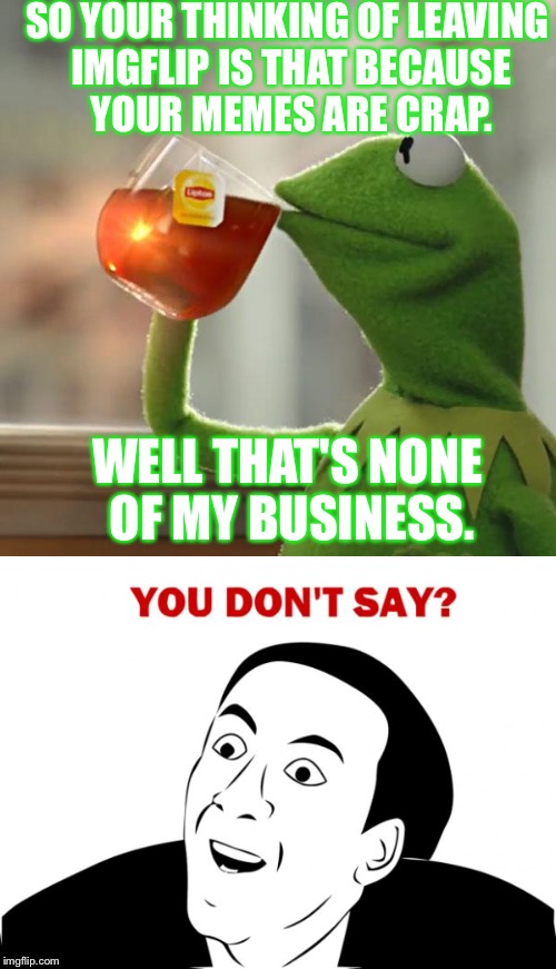 Thinking of leaving Imgflip can't make good enough memes. | SO YOUR THINKING OF LEAVING IMGFLIP IS THAT BECAUSE YOUR MEMES ARE CRAP. WELL THAT'S NONE OF MY BUSINESS. | image tagged in but thats none of my business,you dont say | made w/ Imgflip meme maker