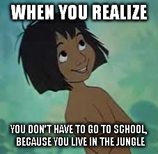 Mowgli | WHEN YOU REALIZE; YOU DON'T HAVE TO GO TO SCHOOL, BECAUSE YOU LIVE IN THE JUNGLE | image tagged in mowgli | made w/ Imgflip meme maker