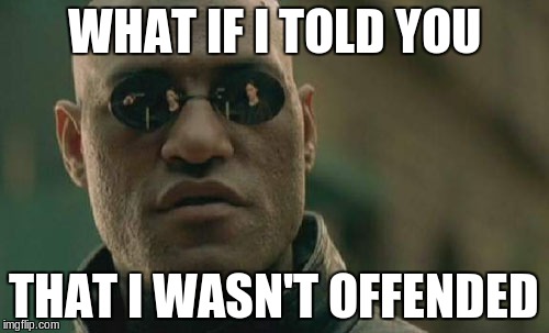 Matrix Morpheus Meme | WHAT IF I TOLD YOU THAT I WASN'T OFFENDED | image tagged in memes,matrix morpheus | made w/ Imgflip meme maker