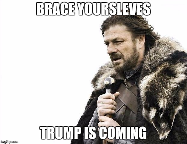 Brace Yourselves X is Coming Meme | BRACE YOURSLEVES; TRUMP IS COMING | image tagged in memes,brace yourselves x is coming | made w/ Imgflip meme maker
