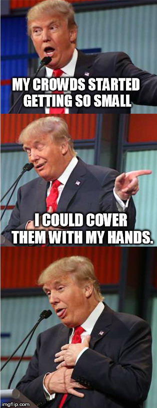 Small crowd, small hands. | MY CROWDS STARTED GETTING SO SMALL; I COULD COVER THEM WITH MY HANDS. | image tagged in bad pun trump,small hands,trump,loser | made w/ Imgflip meme maker