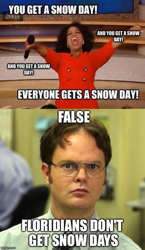 False, and I know, I live in Florida | FALSE; FLORIDIANS DON'T GET SNOW DAYS | image tagged in false,snow day,nope,florida,miami | made w/ Imgflip meme maker