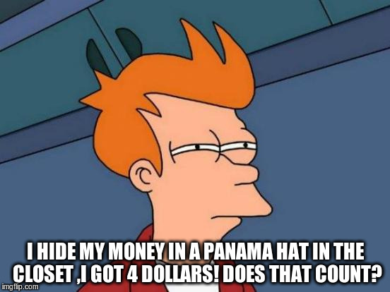 Futurama Fry Meme | I HIDE MY MONEY IN A PANAMA HAT IN THE CLOSET ,I GOT 4 DOLLARS! DOES THAT COUNT? | image tagged in memes,futurama fry | made w/ Imgflip meme maker