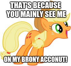 Applejack says something | THAT'S BECAUSE YOU MAINLY SEE ME; ON MY BRONY ACCONUT! | image tagged in applejack says something | made w/ Imgflip meme maker