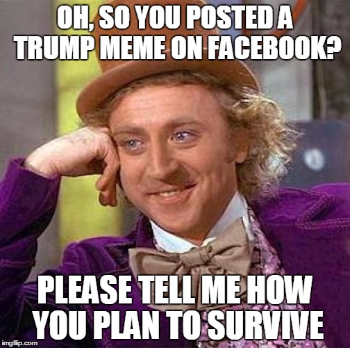 Creepy Condescending Wonka Meme | OH, SO YOU POSTED A TRUMP MEME ON FACEBOOK? PLEASE TELL ME HOW YOU PLAN TO SURVIVE | image tagged in memes,creepy condescending wonka | made w/ Imgflip meme maker