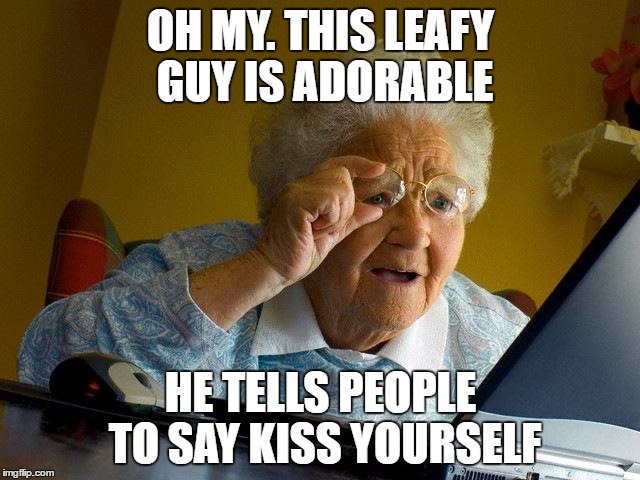 Grandma Finds The Internet Meme | OH MY. THIS LEAFY GUY IS ADORABLE; HE TELLS PEOPLE TO SAY KISS YOURSELF | image tagged in memes,grandma finds the internet,youtube,funny | made w/ Imgflip meme maker