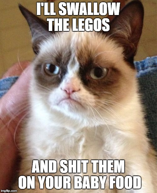Grumpy Cat Meme | I'LL SWALLOW THE LEGOS AND SHIT THEM ON YOUR BABY FOOD | image tagged in memes,grumpy cat | made w/ Imgflip meme maker