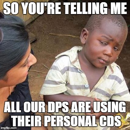 Third World Skeptical Kid | SO YOU'RE TELLING ME; ALL OUR DPS ARE USING THEIR PERSONAL CDS | image tagged in memes,third world skeptical kid | made w/ Imgflip meme maker