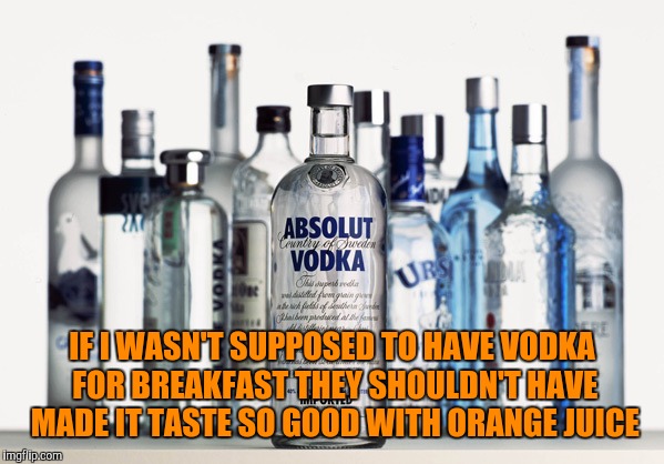 IF I WASN'T SUPPOSED TO HAVE VODKA FOR BREAKFAST THEY SHOULDN'T HAVE MADE IT TASTE SO GOOD WITH ORANGE JUICE | image tagged in vodka,orange juice,breakfast | made w/ Imgflip meme maker