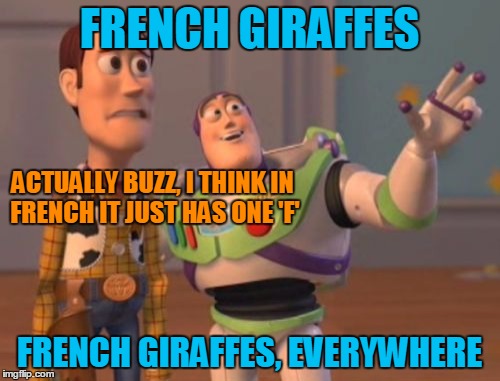 X, X Everywhere Meme | FRENCH GIRAFFES FRENCH GIRAFFES, EVERYWHERE ACTUALLY BUZZ, I THINK IN FRENCH IT JUST HAS ONE 'F' | image tagged in memes,x x everywhere | made w/ Imgflip meme maker