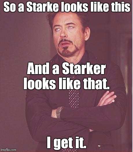 Face You Make Robert Downey Jr Meme | So a Starke looks like this I get it. And a Starker looks like that. | image tagged in memes,face you make robert downey jr | made w/ Imgflip meme maker