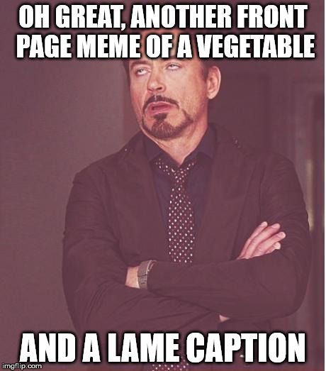 yes, make your comments about this being anonymous and thanks for your time, cheers | OH GREAT, ANOTHER FRONT PAGE MEME OF A VEGETABLE; AND A LAME CAPTION | image tagged in memes,face you make robert downey jr | made w/ Imgflip meme maker