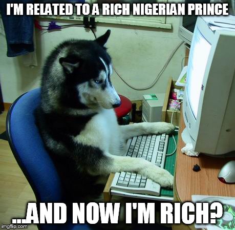 I Have No Idea What I Am Doing | I'M RELATED TO A RICH NIGERIAN PRINCE; ...AND NOW I'M RICH? | image tagged in memes,i have no idea what i am doing | made w/ Imgflip meme maker