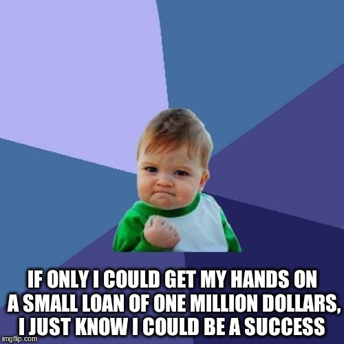 Success Kid Meme | IF ONLY I COULD GET MY HANDS ON A SMALL LOAN OF ONE MILLION DOLLARS, I JUST KNOW I COULD BE A SUCCESS | image tagged in memes,success kid | made w/ Imgflip meme maker