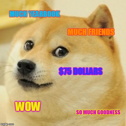 Doge Meme | MUCH YEARBOOK; MUCH FRIENDS; $75 DOLLARS; WOW; SO MUCH GOODNESS | image tagged in memes,doge | made w/ Imgflip meme maker