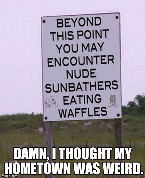 Why waffles? | DAMN, I THOUGHT MY HOMETOWN WAS WEIRD. | image tagged in funny,street signs | made w/ Imgflip meme maker