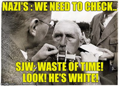 SJWs vs NAZIS | NAZI'S : WE NEED TO CHECK.. SJW: WASTE OF TIME! LOOK! HE'S WHITE! | image tagged in sjw,racism,nazism,discrimination,irony,adolf hitler | made w/ Imgflip meme maker