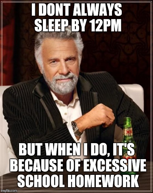 The Most Interesting Man In The World Meme | I DONT ALWAYS SLEEP BY 12PM; BUT WHEN I DO, IT'S BECAUSE OF EXCESSIVE SCHOOL HOMEWORK | image tagged in memes,the most interesting man in the world | made w/ Imgflip meme maker