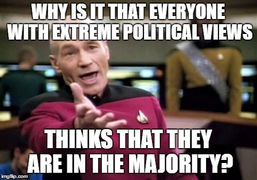 Picard Wtf | WHY IS IT THAT EVERYONE WITH EXTREME POLITICAL VIEWS; THINKS THAT THEY ARE IN THE MAJORITY? | image tagged in memes,picard wtf | made w/ Imgflip meme maker