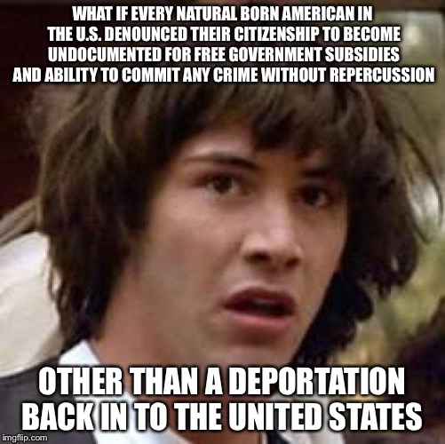 N.I.C.E.  Natural Immigrant Custom Enforcement | WHAT IF EVERY NATURAL BORN AMERICAN IN THE U.S. DENOUNCED THEIR CITIZENSHIP TO BECOME UNDOCUMENTED FOR FREE GOVERNMENT SUBSIDIES AND ABILITY TO COMMIT ANY CRIME WITHOUT REPERCUSSION; OTHER THAN A DEPORTATION BACK IN TO THE UNITED STATES | image tagged in memes,conspiracy keanu,immigration,illegal immigration,united states | made w/ Imgflip meme maker