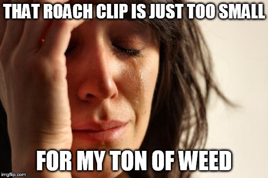 First World Problems Meme | THAT ROACH CLIP IS JUST TOO SMALL FOR MY TON OF WEED | image tagged in memes,first world problems | made w/ Imgflip meme maker
