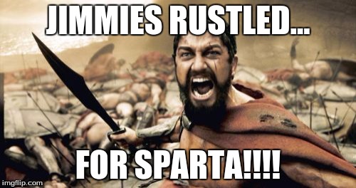 Sparta Leonidas | JIMMIES RUSTLED... FOR SPARTA!!!! | image tagged in memes,sparta leonidas | made w/ Imgflip meme maker
