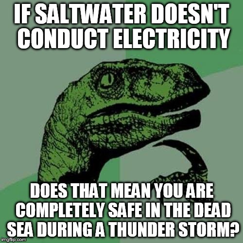 Philosoraptor | IF SALTWATER DOESN'T CONDUCT ELECTRICITY; DOES THAT MEAN YOU ARE COMPLETELY SAFE IN THE DEAD SEA DURING A THUNDER STORM? | image tagged in memes,philosoraptor | made w/ Imgflip meme maker