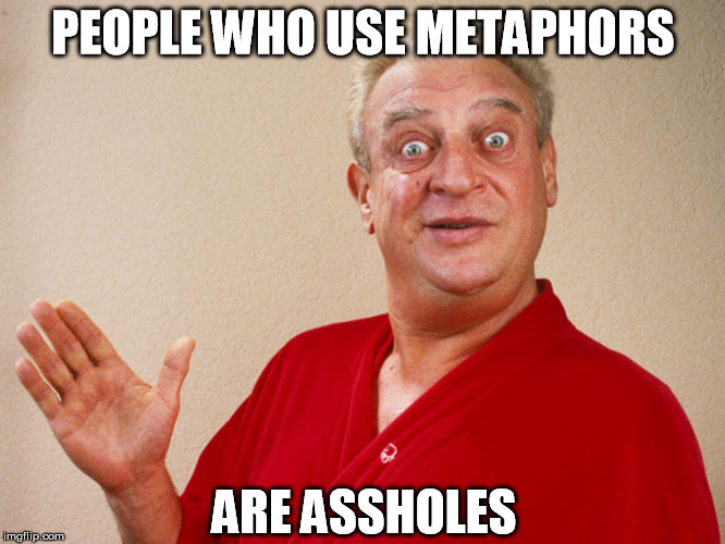 Rodney's Upset | PEOPLE WHO USE METAPHORS; ARE ASSHOLES | image tagged in rondney dangerfield meme | made w/ Imgflip meme maker