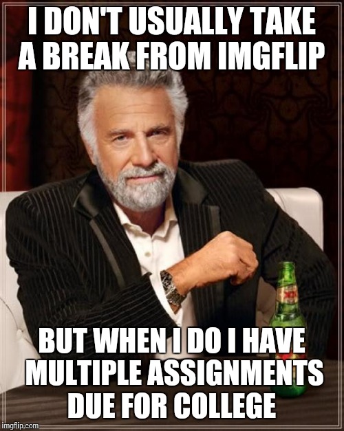 The Most Interesting Man In The World Meme | I DON'T USUALLY TAKE A BREAK FROM IMGFLIP; BUT WHEN I DO I HAVE MULTIPLE ASSIGNMENTS DUE FOR COLLEGE | image tagged in memes,the most interesting man in the world | made w/ Imgflip meme maker