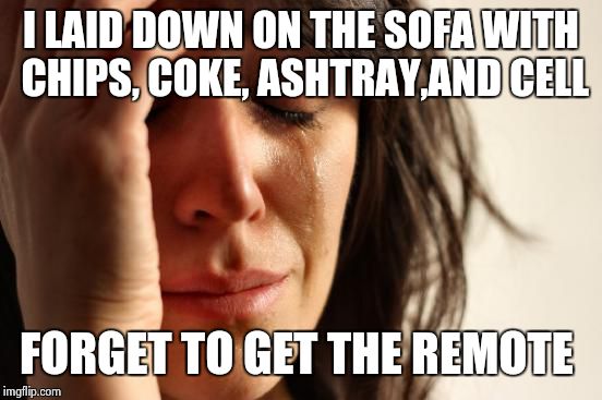 problem with being a bachelor | I LAID DOWN ON THE SOFA WITH CHIPS, COKE, ASHTRAY,AND CELL; FORGET TO GET THE REMOTE | image tagged in memes,first world problems | made w/ Imgflip meme maker